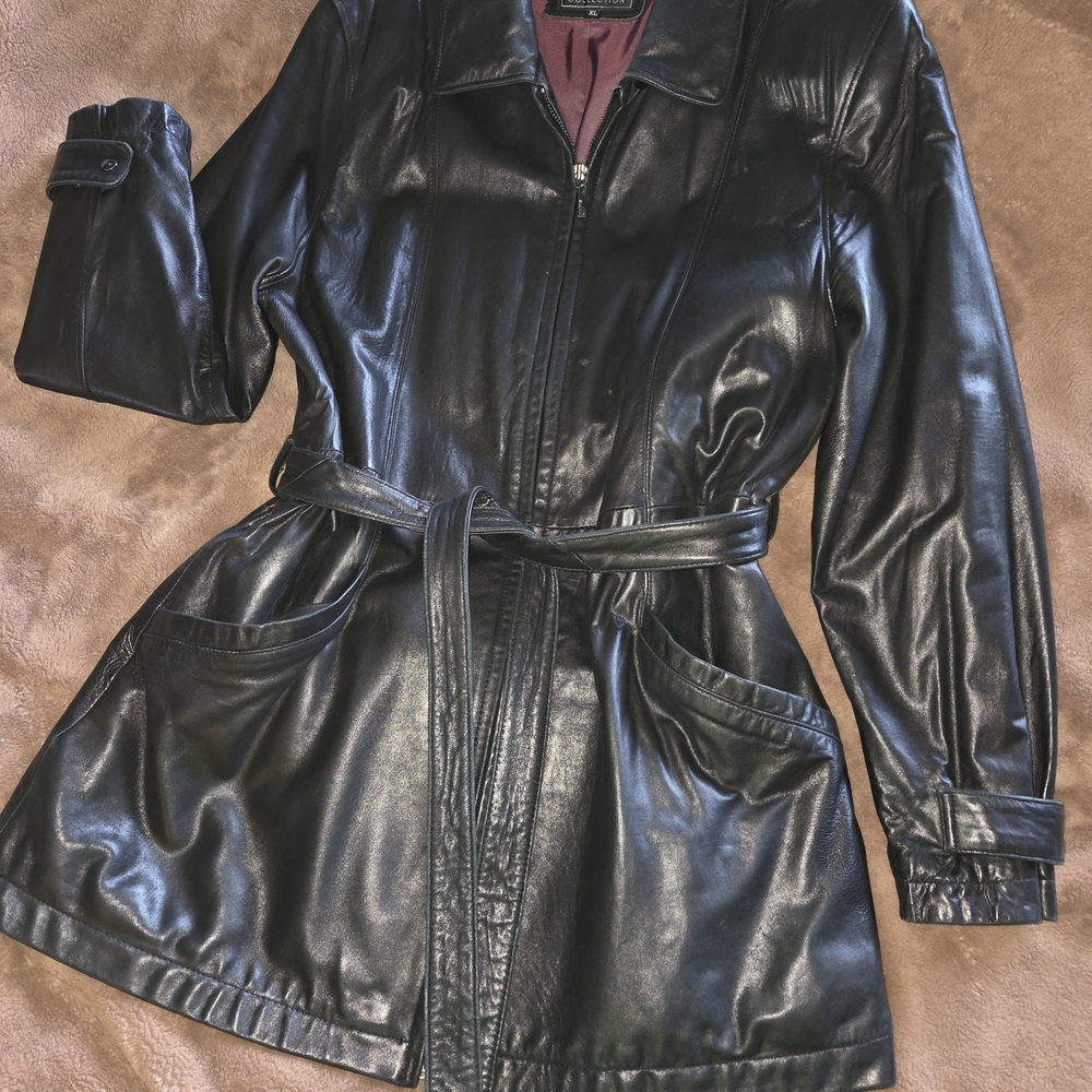 Women’s Black Leather Belted Jacket, soft New Zealand lambskin XL